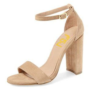 FSJ Beige Chunky Heel Open Toe Ankle Strap Sandal